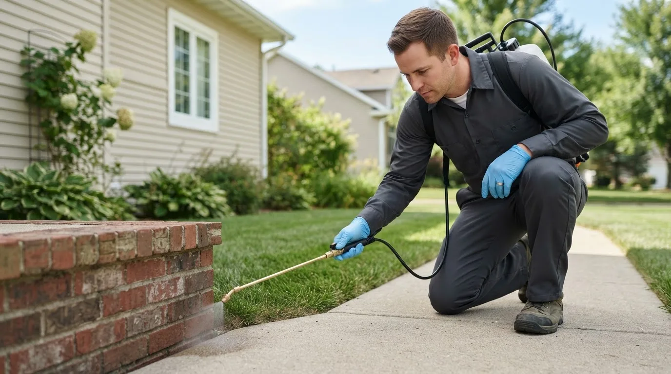 Pest control technician treating a home near Waterville, ME